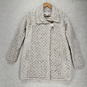 Aran Mor Sweater Womens Medium Oatmeal Merino‎ Wool Aran Knit Cardigan Ireland